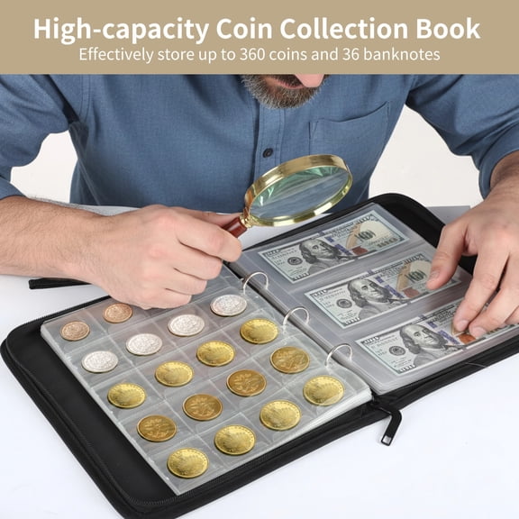 Fireproof Coin Collection Album, 360 Pockets Coin Holder and 36-Pocket Banknotes Holder with Lock, Waterproof PP Coin Albums for Collectors, Suitable for Paper Money, 11.2 x 9.3 in
