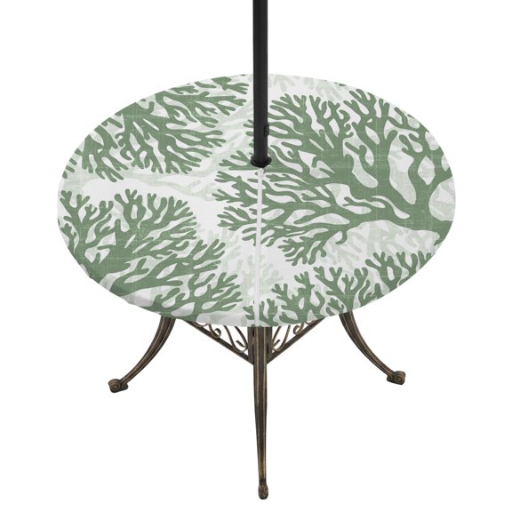Round Outdoor Tablecloth with Umbrella Hole and Zipper, Sage Green Coral Tablecloth with Elastic Waterproof, Coastal Summer Ocean Nautical Sea Patio Table Covers for 31" - 35" Picnic Pool Tables