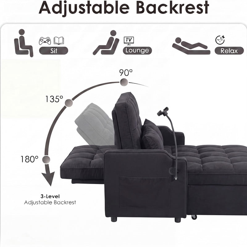 Gewnee 53" Sofa Bed, 3 in 1 Convertible Sleeper Sofa, Velvet Pull Out Couch Bed with USB Ports, Phone Holder & Side Storage Pockets, Adjustable Loveseat Sofa Bed for Living Room, Black