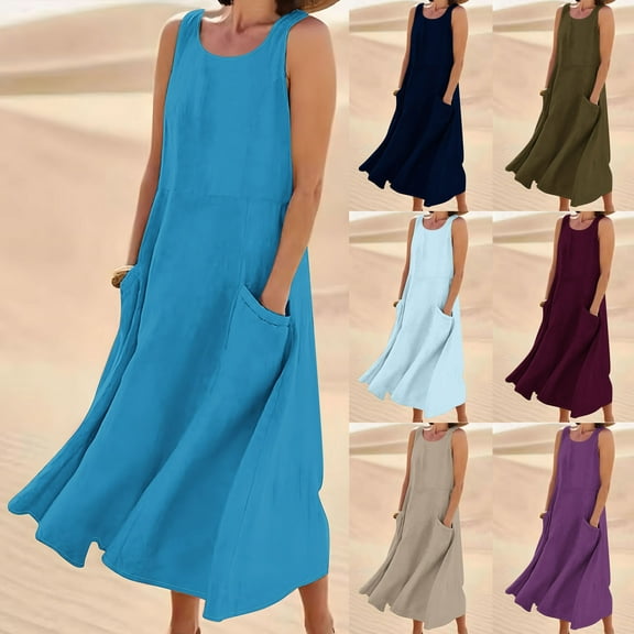 New Maxi Dresses for Womens 2026 Plus Size Fashion Sleeveless Cotton And Linen Round Neck Solid Color Long Dress With Pocket