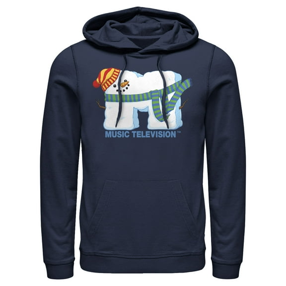 Men's MTV Christmas Snowman Logo Pull Over Hoodie Navy Blue Large