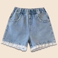 thumbnail image 4 of Virmaxy Lace Elastic Expandable Waist Denim Shorts with Pearl Trim Loose Casual Active Fit Summer Wear for Daily and Casual Wear, for 3-11Y Blue, 4 of 6