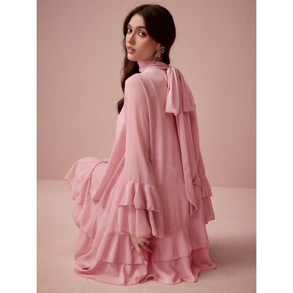 Pink Solid Layered Stand Collar Flowy Long Sleeve Ruffle Mini Dress