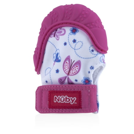 Nuby Soothing Teething Mitten with Hygienic Travel Bag, Pink (What's Best For Teething)