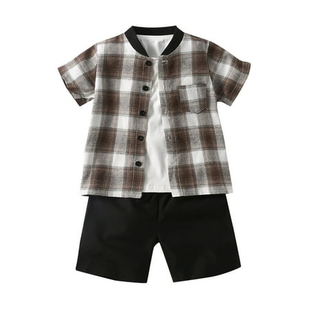 

Toddler Kids Baby Boys Short Sleeve Plaid Shirt Coat Tops Solid Shorts Pants Outfit Set 2PCS