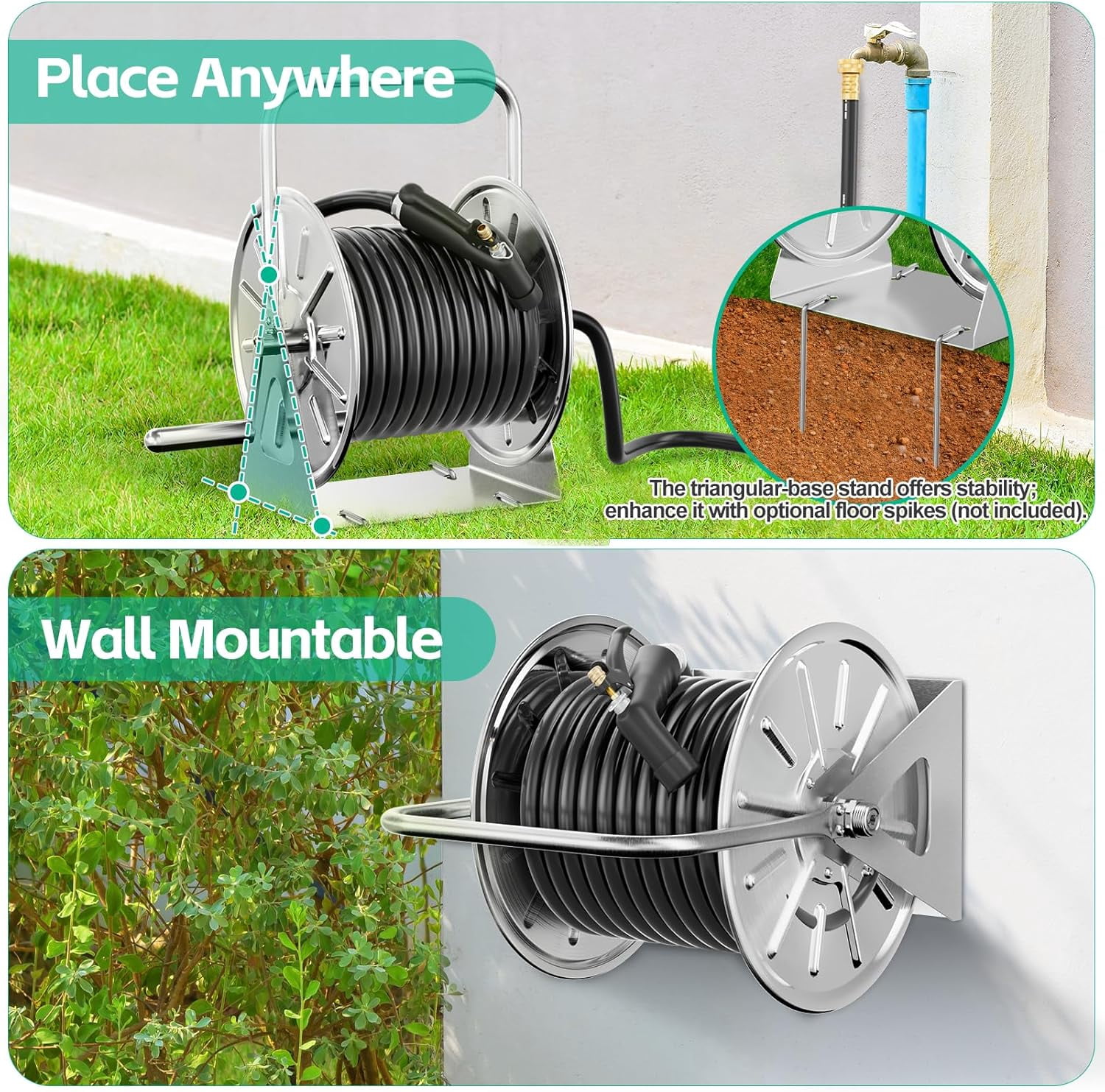 SPECILITE Stainless Steel Garden Hose Reel, Outdoor Wall Mount/Floor with 6ft Leader Water Pipe, Holds 5/8in 75ft Hose