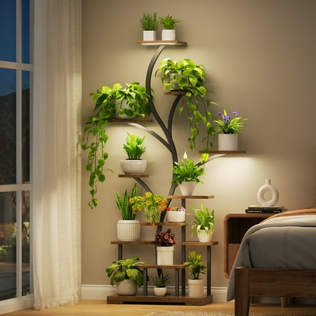 Belleze Brown 63 Inch 11 Tier Metal Plant Stand with LED Grow Lights | 014-HG-44807-BRO