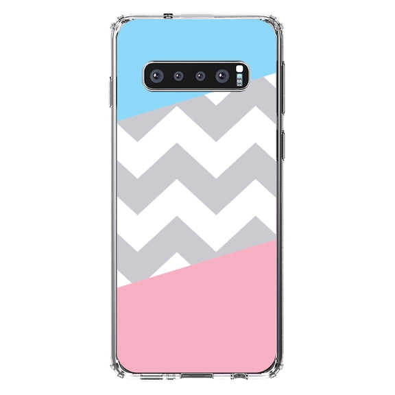 DistinctInk Clear Shockproof Hybrid Case for Samsung Galaxy S10  PLUS(6.4" Screen) - TPU Bumper, Acrylic Back, Tempered Glass Screen Protector - Pink Blue Block Grey Chevron - Stripes Pattern