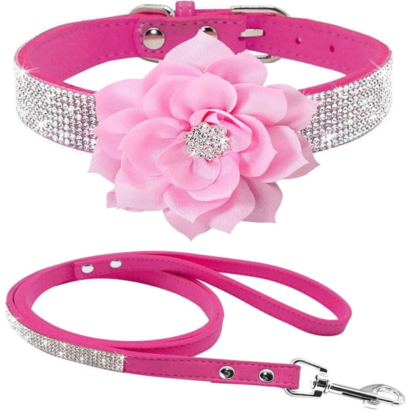 Cute Dazzling Sparkling Elegant Fancy Soft Suede Leather Bling Rhinestone Crystal Jeweled Pet Cat Dog Puppy Collar Dog Leash Combo Set