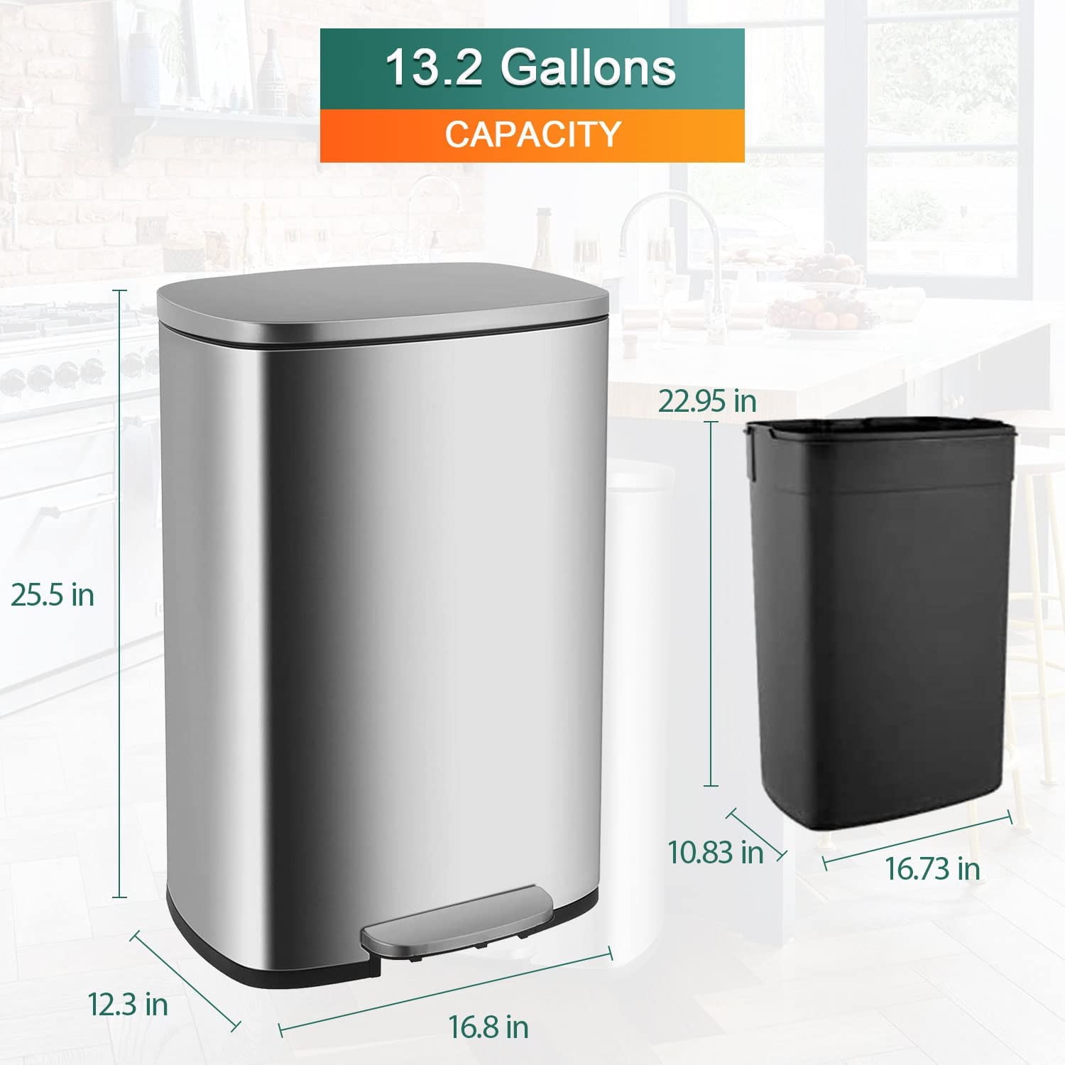13 Gallon/50 L Garbage Can Kitchen Trash Can with Lid Stainless Steel Trash Bin for Office Bedroom Bathroom, Sliver