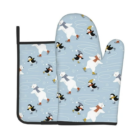 

Vsdgher Skiing penguin Bear Oven Mitts and Pot Holders 2 pcs Set High Heat Resistant Kitchen Oven Glove for Baking and Cooking