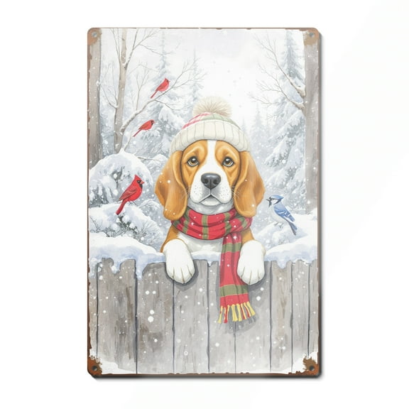 Playful Beagle Welcomes Winter Snowy Day with Cardinal Bird Vertical Metal Aluminum Sign Beagles Dog Lover Gifts Idea Wall Art Home Decor - 2017