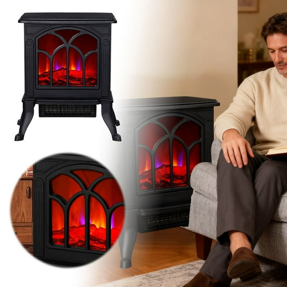 Electric Fireplace Stove 17 Inch - Freestanding Heater with 3D Flame Effect, Realistic Logs & Adjustable Thermostat for Bedroom Office