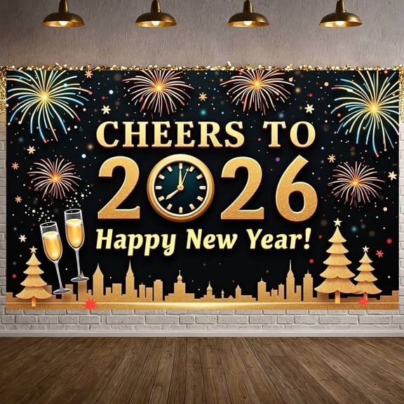 Gold Theme Happy New Year Banner Fireworks Design 2026 New Year Display Clock Champagne Glasses Cheers Backdrop for New Year Party New Year Eve Indoor Celebration