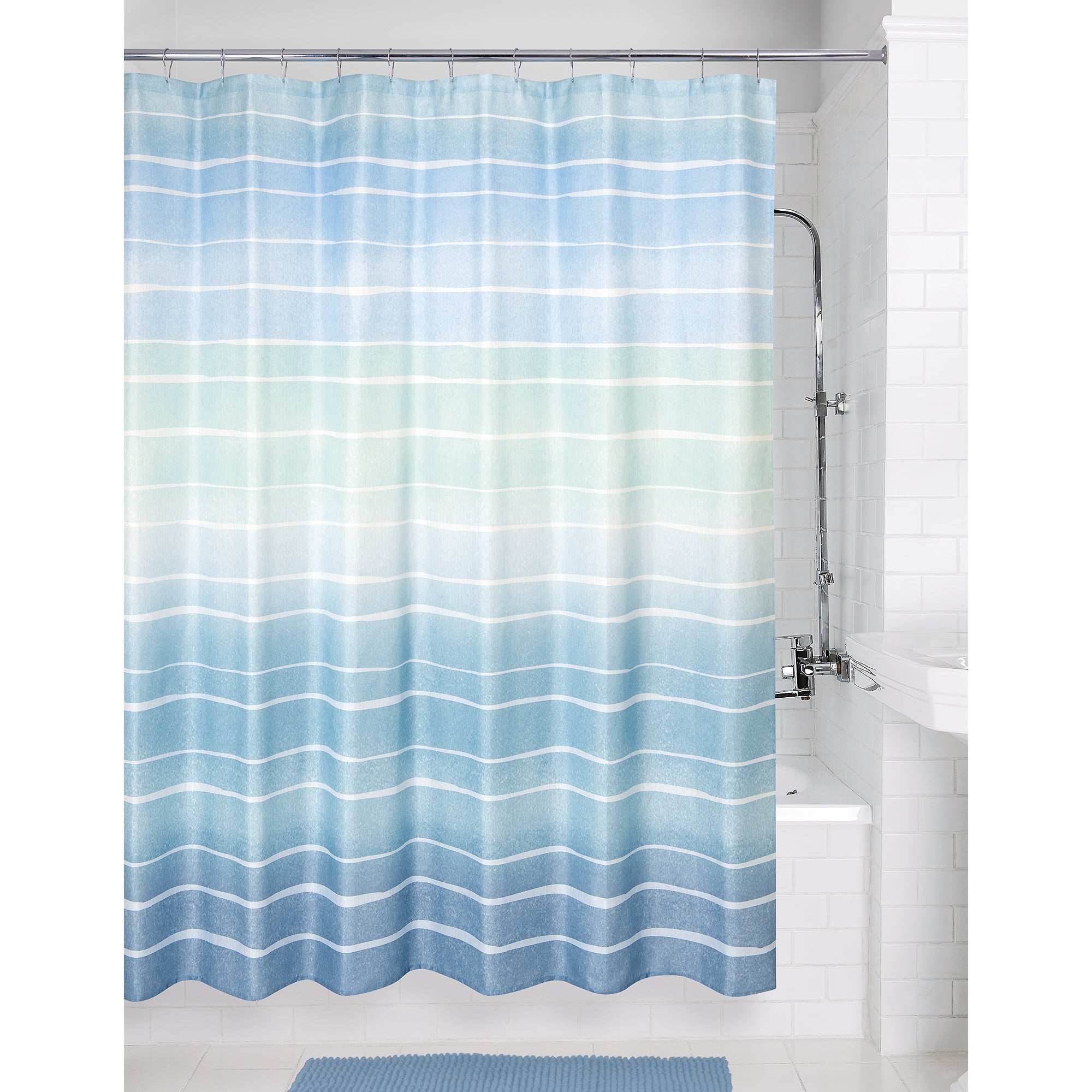 Metallic Ombre Stripe Blue Polyester Printed Fabric Shower Curtain by