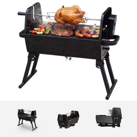 Flintex Portable Charcoal Grill with 360° Motorized Rotisserie, 2-in-1 Direct & Indirect Cooking, Foldable Outdoor BBQ for Camping & Backyard