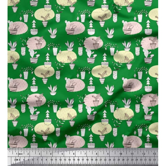 Soimoi Crepe Silk Fabric Brush Stroke,Pot & Cactus Tree Print Fabric by The Yard 42 Inch Wide
