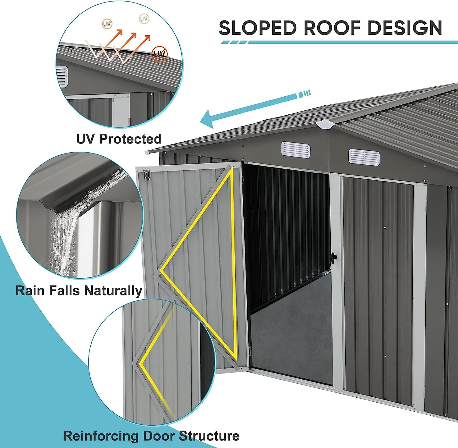 JOIVI Outdoor Storage Shed, 8'x10' Large Galvanized Steel Metal Garden Shed, Double Door W/Lock, Outdoor Storage House for Backyard Patio Lawn, Gray