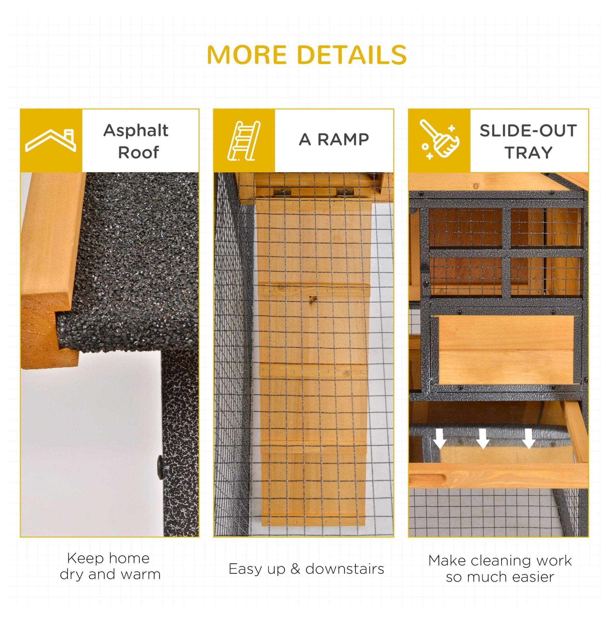 2-Level Rabbit Hutch Bunny Cage, Elevated Pet House with Weatherproof Hinged Asphalt Roof, Removable Tray & Ramp for Outdoor, Natural