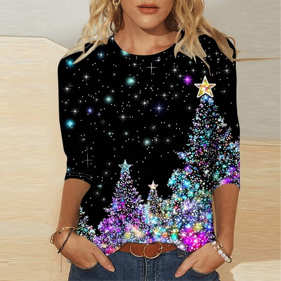 Guieoi Tops for Women Plus Size 2025 Trendy Womens Casual Printed Round Neck 3/4 Sleeve T-shirt 2025 Trendy Blouse Tops Purple Black*Friday/Cyber*Monday