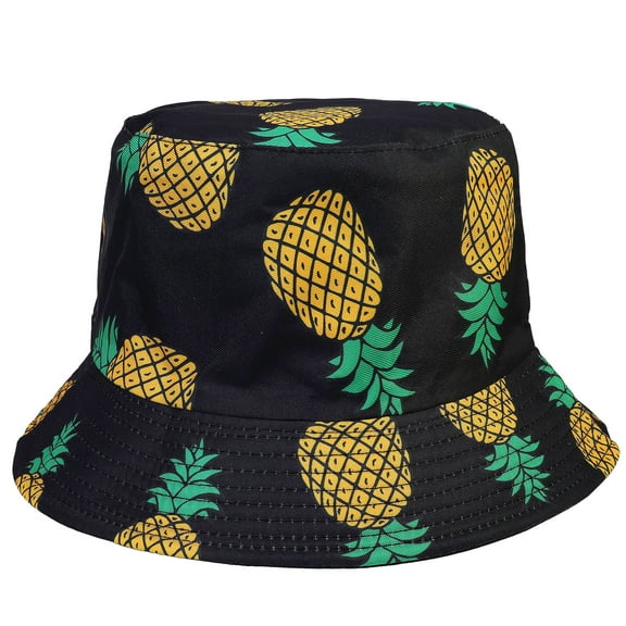 Pineapple Women Reversible Bucket Hat Summer Travel Lightweight Foldable Beach Outdoor Hat - Black