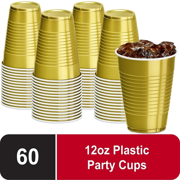 DecorRack Party Reusable Disposable Plastic Cups, 12 fl oz, Gold, 60 Count