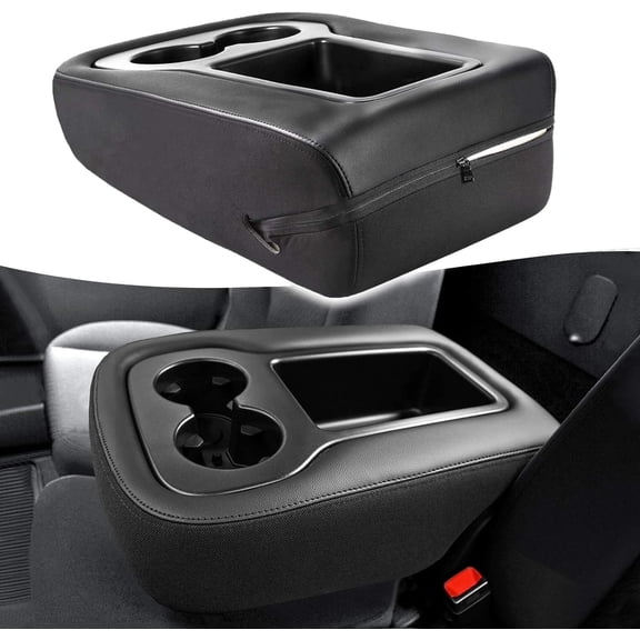 KBH Center Console Lid Armrest Cover Fit for Chevy Tahoe Suburban Silverado, GMC Sierra Yukon 2007-2014, Black Leather with Zipper Design (Jump Seat)