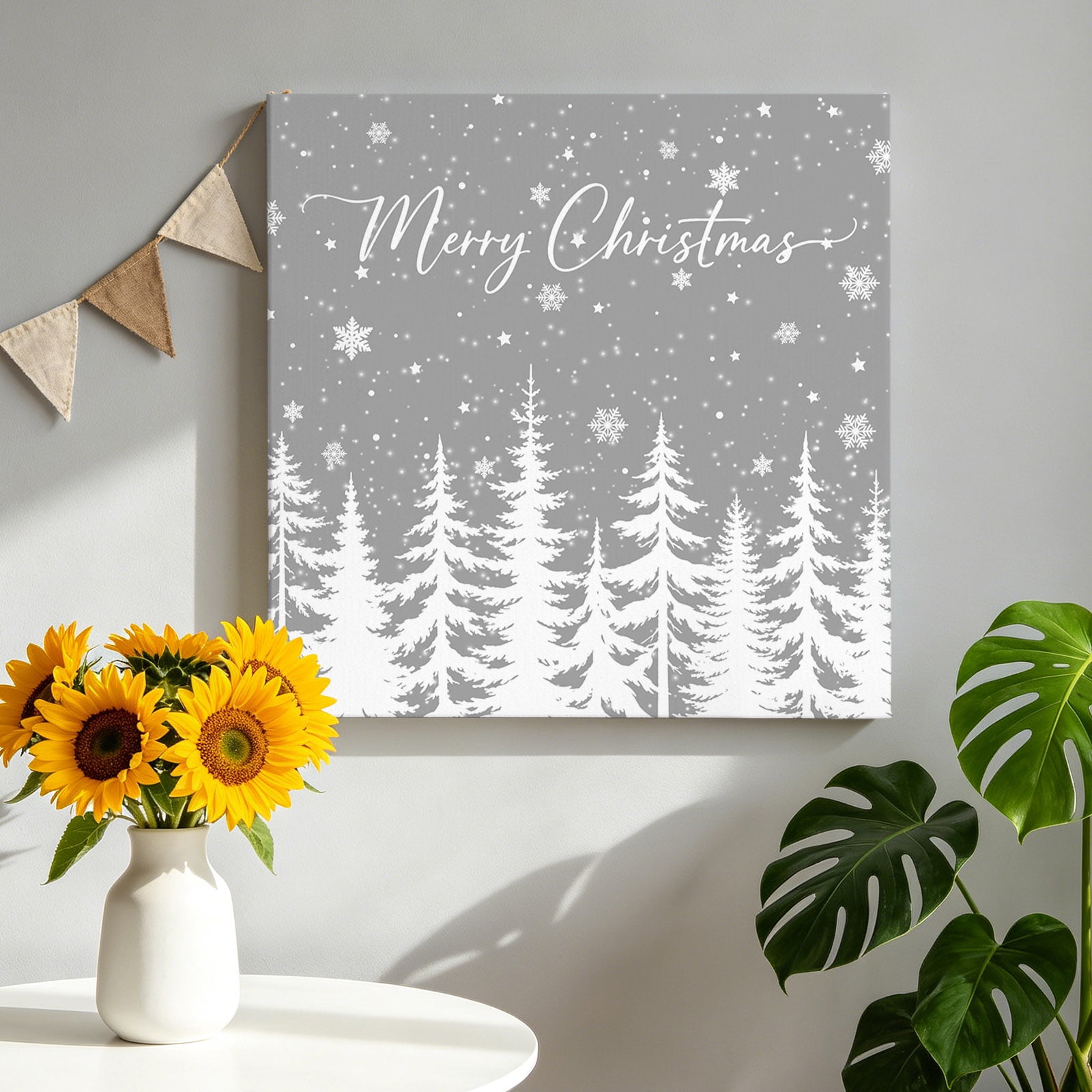 Pine Tree Canvas Wall Art Winter Merry Christmas Forest Snowflake Gray Background Pictures Wall Decor Wooden Framed Artwork Art Prints for Living Room Hallway Bedroom Office 8 x8