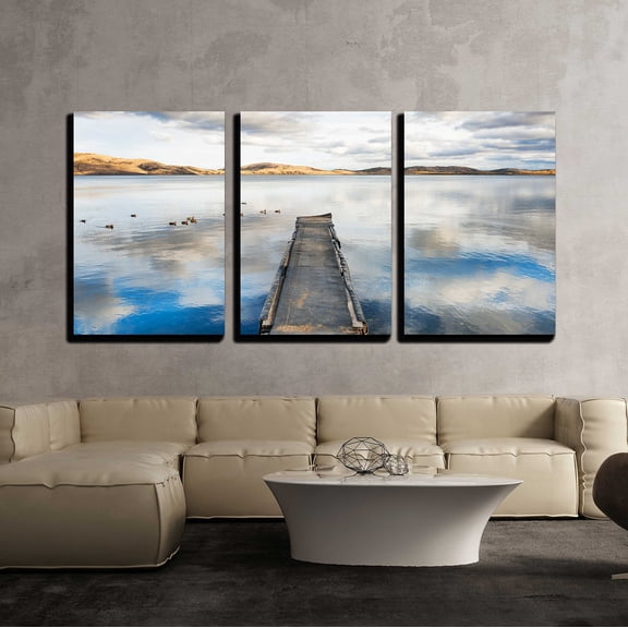 wall26 - 3 Piece Canvas Wall Art - Old pier on The Lake, a Floating Flock of Ducks and The Sky Reflecting in The Water - Modern Home Art Stretched and Framed Ready to Hang - 24"x36"x3 Panel
