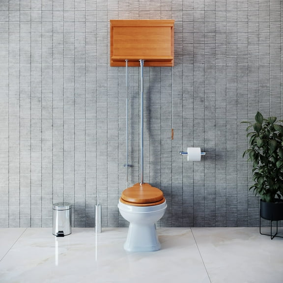 Light Oak High Tank Pull Chain Toilet Round White Porcelain Bowl Adjustable H 59"- 74" Renovator's Supply