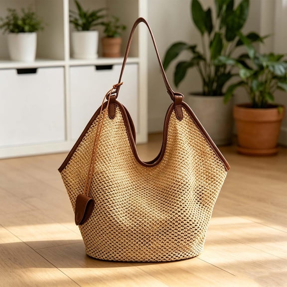 Natural Fan-Shaped Woven Tote Bag With Leather Knot Handle, Casual Handmade Beach Handbag, Large Capacity Portable Purse for Summer Travel, Vacation Outings and Daily Casual Matching, Beige