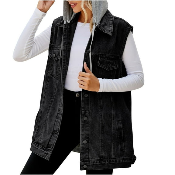 HTNBO Women's Oversized Denim Vest Mid Long Jean Vest Sleeveless Jackets Distressed Vest Cotton