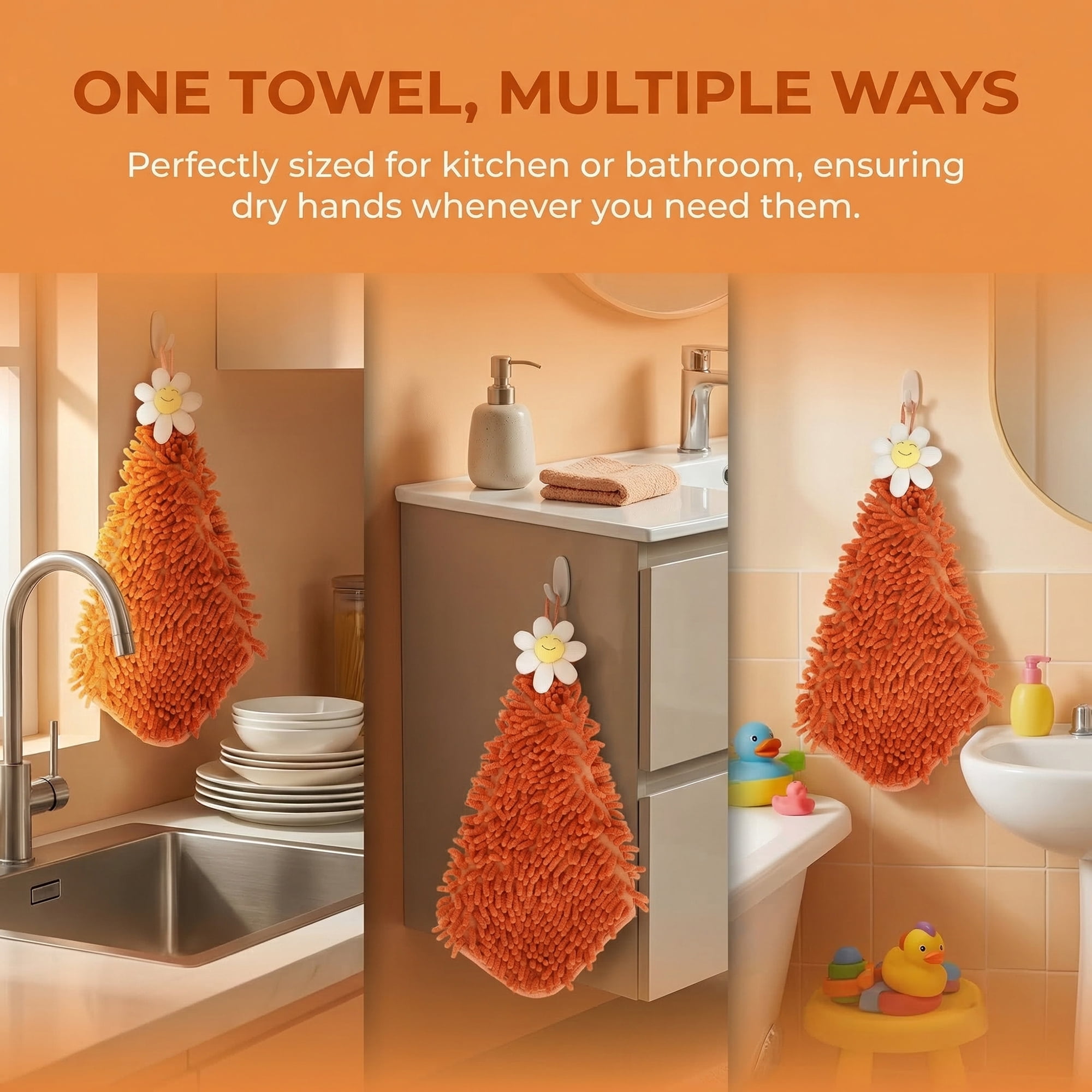 Unique Bargains Soft Absorbent Quick Dry Cute Flower Chenille Hand Towels Orange 12" x 12"