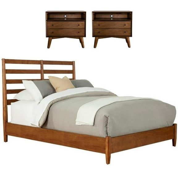 Home Square 3 Piece Set with Full Wood Bed and 2-Drawer Nightstand in Acorn