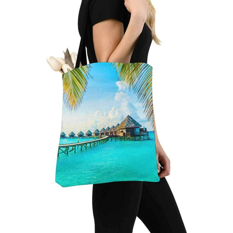 ASHLEIGH Beautiful Tropical Maldives Resort With Beach And Blue Sea Unisex  Canvas Tote Canvas Shoulder Bag Resuable Grocery Bags Shopping Bags for  Women Men Kids 
