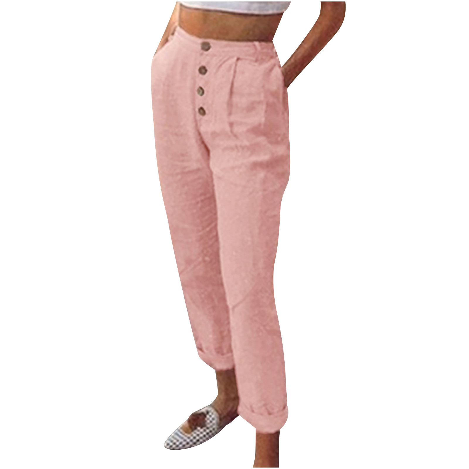 HTNBO Women Cotton Linen Dress Pants with Pockets Button Solid Straight