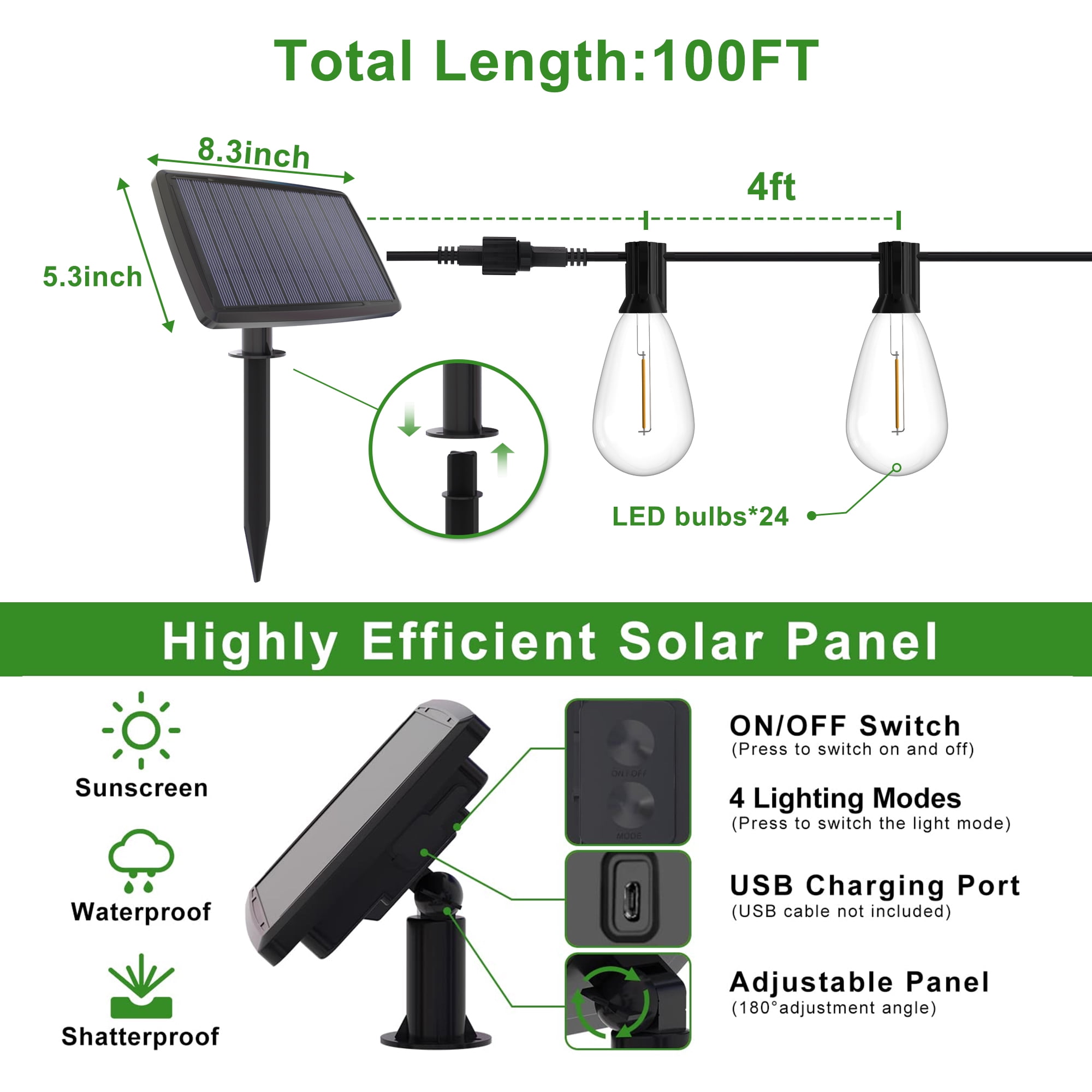 DAYBETTER Solar Outdoor String Lights, 100ft S14 LED Patio Lights with 24 Bulbs, String Lights for Porch Backyard DAYBETTER Solar Outdoor String Lights, 100ft S14 LED Patio Lights with 24 Bulbs, String Lights for Porch Backyard - Image 2