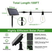 DAYBETTER Solar Outdoor String Lights, 100ft S14 LED Patio Lights with 24 Bulbs, Waterproof String Lights for Backyard