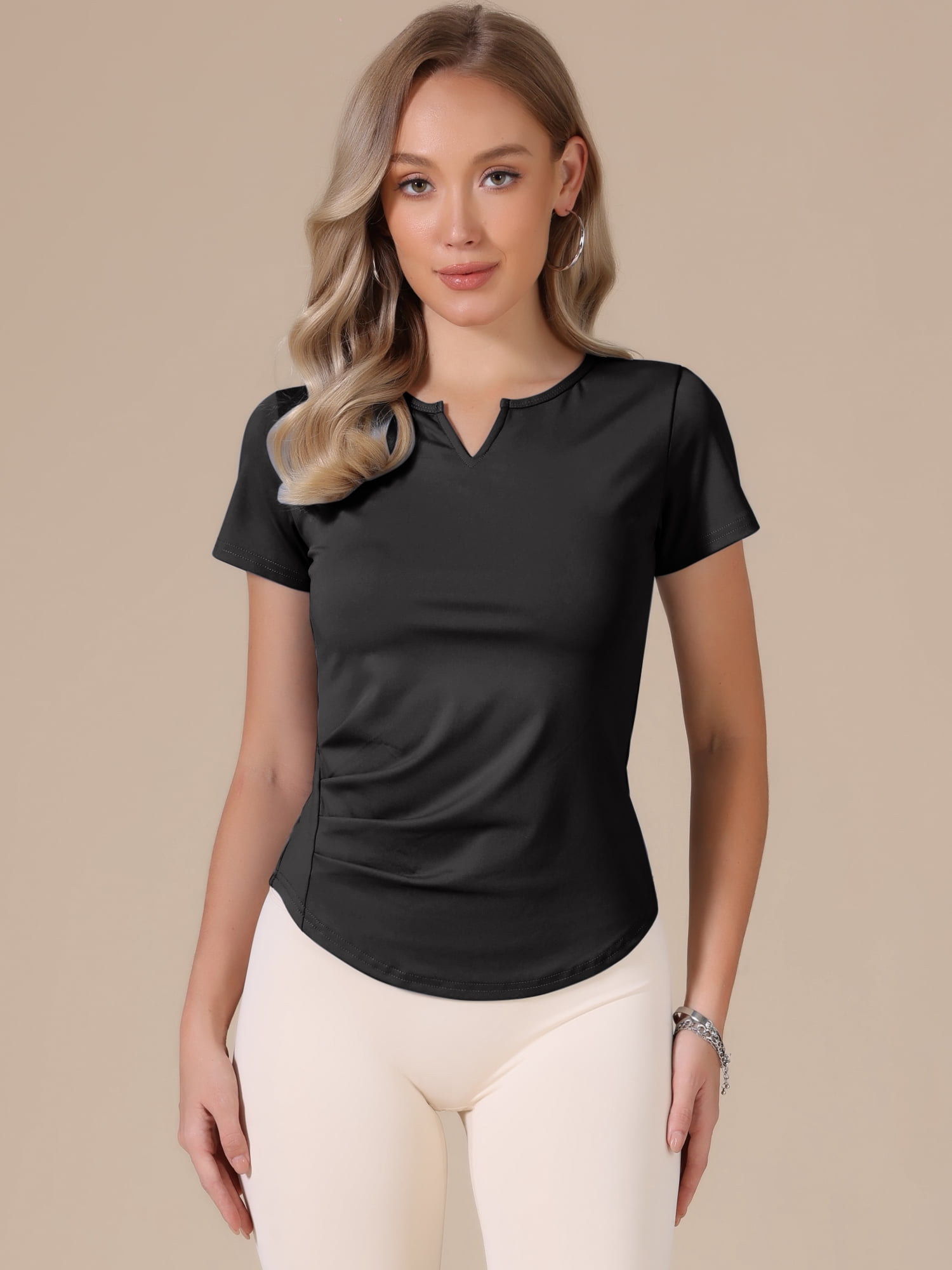 DARING DIVA Women's Elastic Workout Tops Short Sleeve Running Gym Shirts M Black