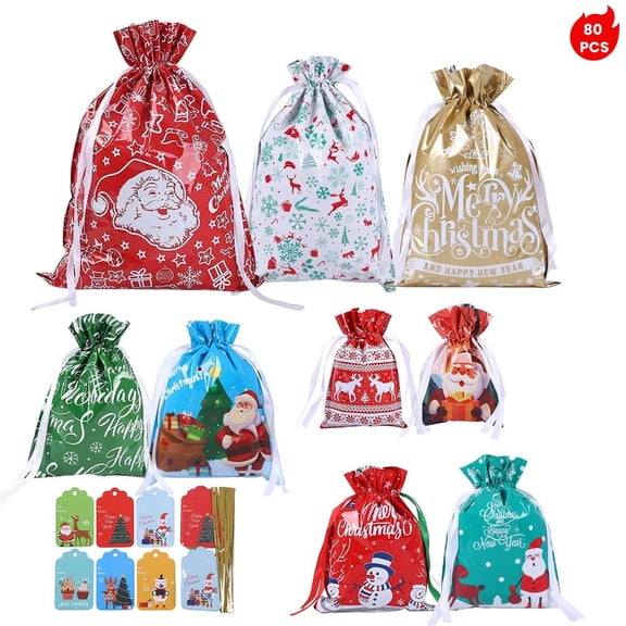 80 PCS Christmas Drawstring Gift Bags, Bulk Xmas Goodie Bags with Tags, Holiday Treat Bags for Party Favors, Santa Candy Bags for Kids