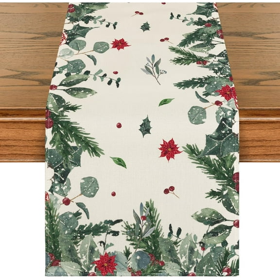 mubwai Green Leaves Poinsettia Holly Christmas Table Runner, Seasonal Winter Kitchen Dining Table Decor for Home Party 13x72 Inch