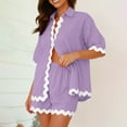 thumbnail image 5 of Fmbrln Womens Summer 2 Piece Sets Casual Color Block Turndown Collar Button Short Sleeve Shirts and Elastic Waist Shorts with Pockets Sets Lounge Comfy Vacation Outfits Purple S, 5 of 5