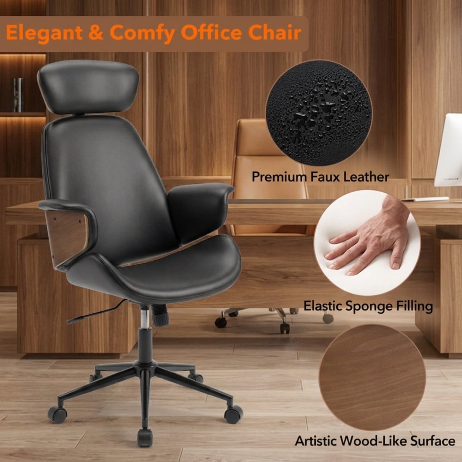 Furnibear Ergonomic Office Chair High Back Faux Leather Computer Chair with Adjustable Headrest Rocking Backrest and Curved Arms, Black