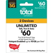 Total Wireless $60 Unlimited Family 30-Day 2 Lines Prepaid Plan (30GB Shared Data at High Speeds, then 2G) + 10GB of Mobile Hotspot per line e-PIN Top Up (Email Delivery)