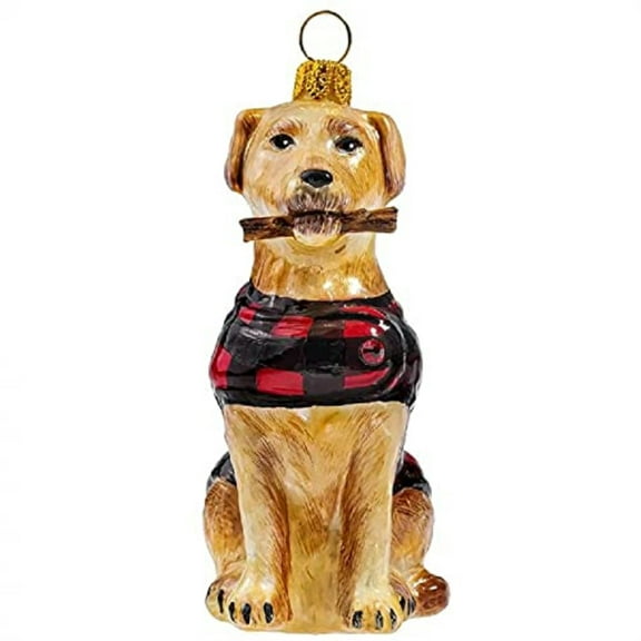 Yellow Labrador Retriever in Buffalo Check Coat Polish Glass Christmas Ornament