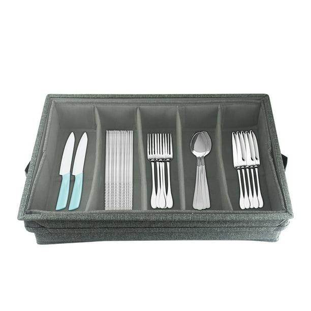 Caja de almacenamiento de utensilios plegable con compartimento, caja de almacenamiento de cubiertos, cofre, soporte de almacenamiento de cubiertos portátil con asa para el hogar (gris)