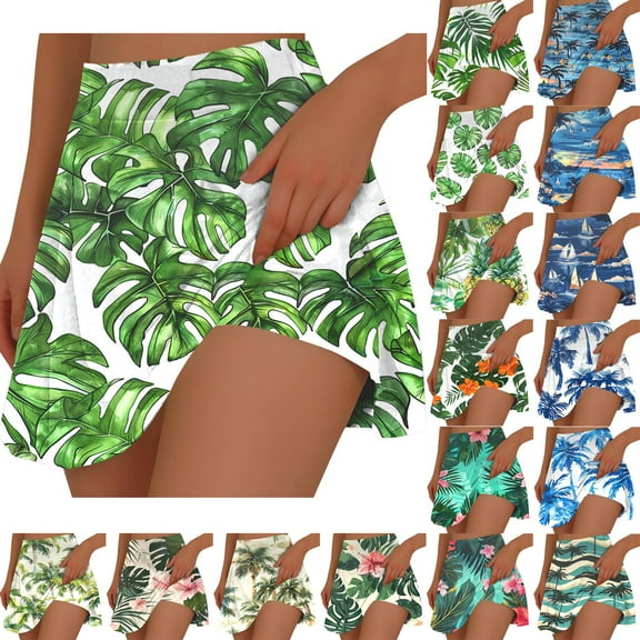 lcziwo Athletic Skirts for Women with Shorts Summer Workout Tennis Running Golf Skorts Skirts Fashion Hawaiian Floral Graphic Skort Blue L