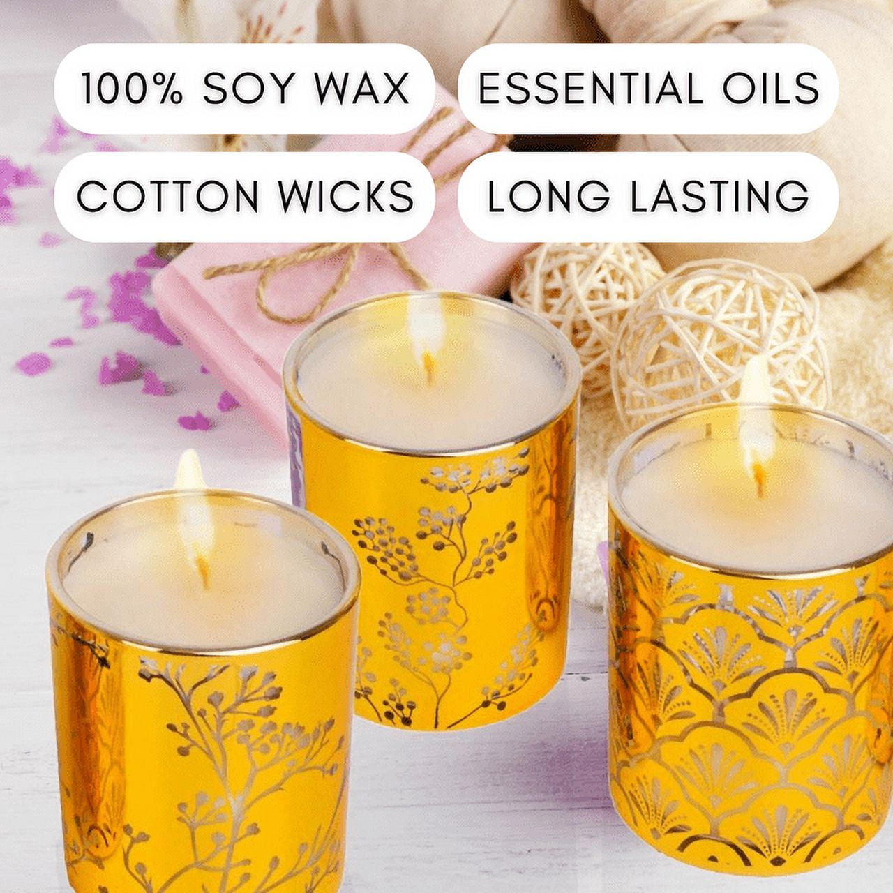 Wild Strawberry Parsley, Eucalyptus Bergamot, Japanese Persimmon Soy Wax Candle Gift Set | Aromatherapy Candle Set of 3 x 4.25 Oz Small Glass Candles, Relaxing Gift for Women, Gold Candle Party Favors