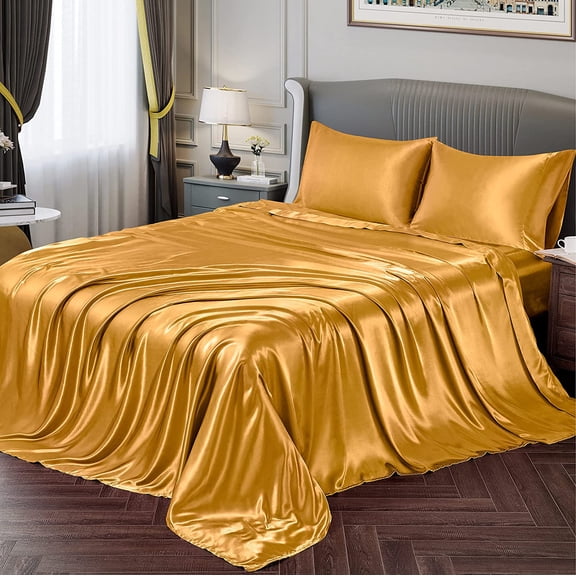 FKFISD-Satin Sheets Twin Silky Soft Satin Bed Sheets Yellow Gold Sheet Set, 1 Deep Pocket Fitted Sheet 1 Flat Sheet 1 Pillowcases