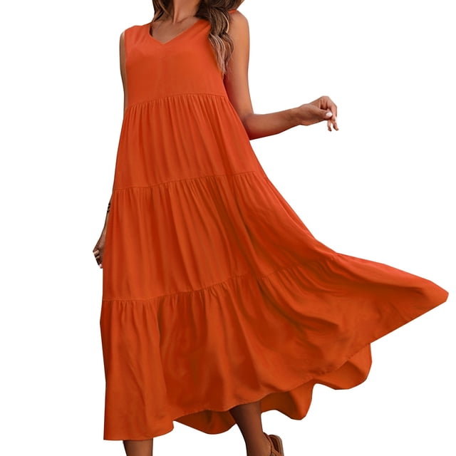 Vestido elegante de lino con cuello en V para mujer - Dobladillo escalonado, corte holgado, para vacaciones/casual, mezcla transpirable - Diseño de color liso